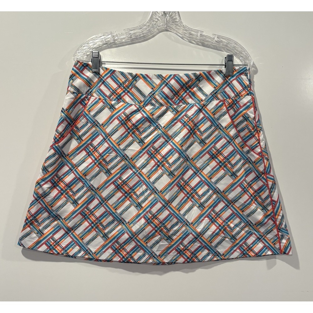 Adidas Golf Skort Womens 10 White Blue Orange Plaid Geometric Performance Skirt